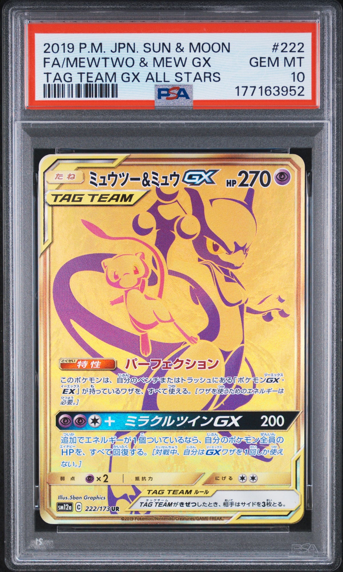 Pokémon TCG: 2019 Pokemon Japanese Sun & Moon Tag Team GX All Star FA/Mewtwo & Mew GX PSA 10